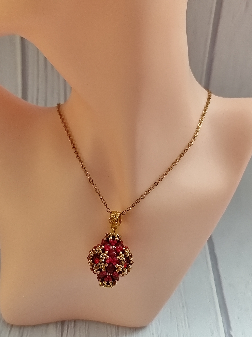 Gold-Tone Necklace with Red Beaded Cluster Pendant